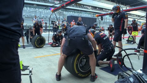 SOCHI, RUSSIA - 29 September 2019: Red Bull F1 team pit stop at Race Weekend at Formula 1 Grand Prix of Russia 2019