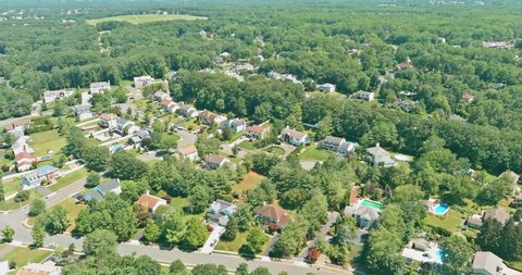Aerial top view of a Monroe town neighborhood residential area houses in a small town in NJ USA
