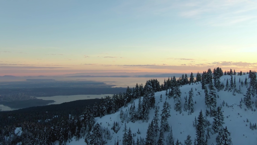 Aerial View of Hollyburn Mountain during Winter Sunset. West Vancouver, British Columbia, Canada. Nature Scenery