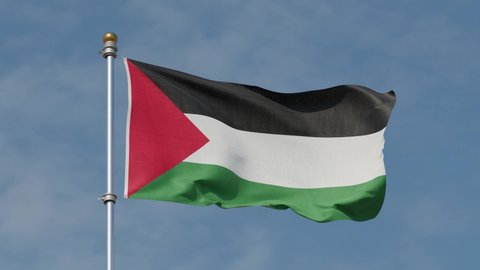 Palestine Flag 4K. 30 fps . Palestine flag waving in the wind. Flag of Palestine waving at wind against beautiful blue sky. Looped animation. Loop. Flag pole.