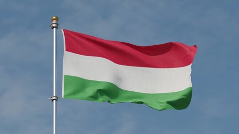 Hungarian Flag 4K. 30 fps . Hungarian flag waving in the wind. Flag of Hungary waving at wind against beautiful blue sky. Looped animation. Loop. Flag pole.