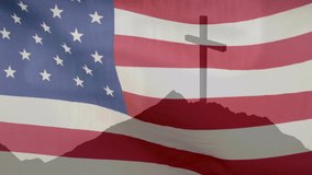 Animation of christian cross over waving flag of usa. religion, faith, christianity and american patriotism concept digitally generated video.