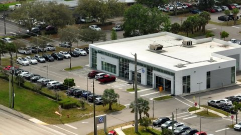 Fort Pierce, FL, USA - March 9, 2022: Aerial footage Sunrise Volkswagen VW car dealership Fort Pierce FL