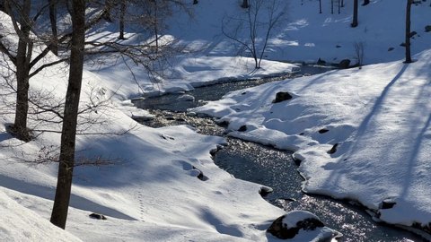 Spring days. The bed of a wild river, a thaw on the street, there is snow on the shore, long shadows from the sun