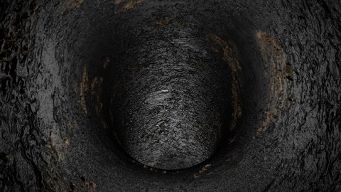 An underground cave that goes down endlessly. Darkness and anxiety. A mysterious and creepy rocky tunnel. 3D rendering. Loop footage. 