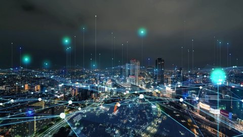 Стоковое видео: Modern city and communication network concept. IoT (Internet of Things). Smart city. Digital transformation.