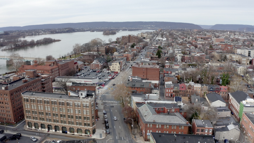 Aerial Shot of Cars Driving Along the Streets of Harrisburg, Pennsylvania, Forward Drone Movement
