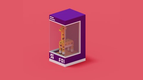 Footage of rotating 3D giraffe modelling using voxel art style. Include with purple toys box