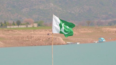 Pakistan Flag waving at Khanpur Dam, Khanpur, 4K UHD Flag waving at Lake