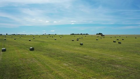 Aerial footage of hayfield. Beautiful dynamic landscape drone. Aerial view of hay bales. Haystacks lay upon agricultural field taken on drone. Agriculture.