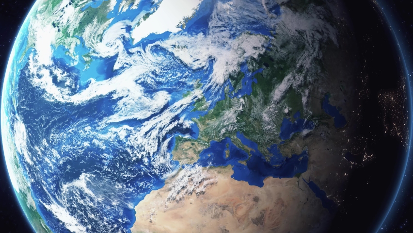 Earth zoom in from space and focus on Poltava, Ukraine. The animation continues by zoom out through clouds and atmosphere into space. Background for travel intro.