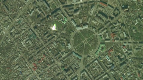 Earth zoom in from space and focus on Poltava, Ukraine. The animation continues by zoom out through clouds and atmosphere into space. Background for travel intro.