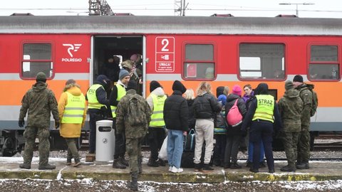 Medyka, Poland - March 9, 2022: refugees from Ukraine, mainly women and children, arrive by train at the Polish border as they flee their country after Russia launched a full scale military invasion
