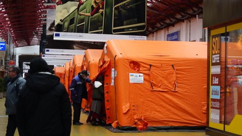 Ukrainian refugee tent in Bucharest North Railway Station (Gara de Nord Bucharest) in Bucharest, Romania, 2022