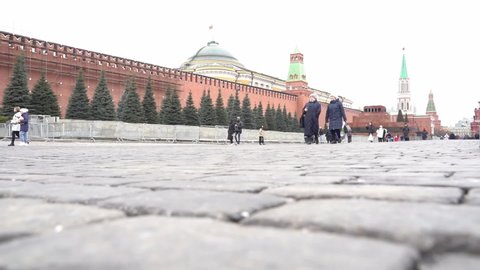 Moscow,Russia March 12, 2022: people walk on Red Square in Moscow, selective focus