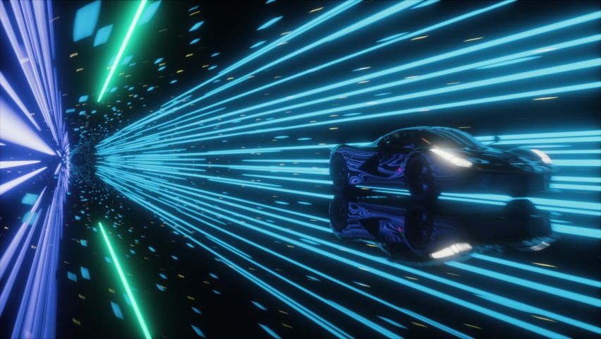 3D Sports Car Model Driving on a Bright Road in Neon Colorful Blue Purple Tunnel at a High speed. Modern Dark Supercar Driving Fast on Highway. Hyperspeed. Racing. Lights Reflecting. 3D Animation. 4K | Shutterstock HD Video #1088177395