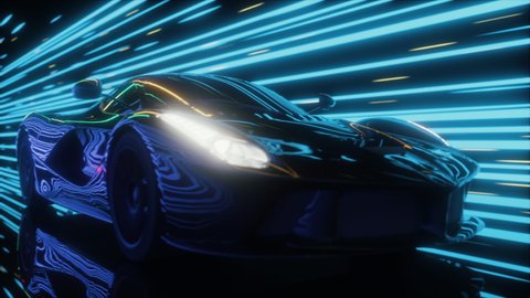 3D Sports Car Model Driving on a Bright Road in Neon Colorful Blue Purple Tunnel at a High speed. Modern Dark Supercar Driving Fast on Highway. Hyperspeed. Racing. Lights Reflecting. 3D Animation. 4K