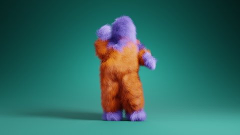 Funny colorful furry mascot dancing joyfully. Fur monster dance. 3D rendering.