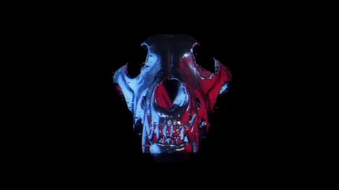 Hologram metalic shiny chrome wolf or dog skull isolated on black background. Technology abstract art design. Futuristic fashion element. Realistic digital 3d animation.