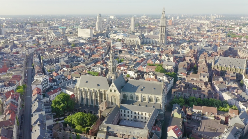 Inscription on video. Antwerp, Belgium. St. Paul s Cathedral (Sint-Pauluskerk). Glitch effect text, Aerial View, Point of interest