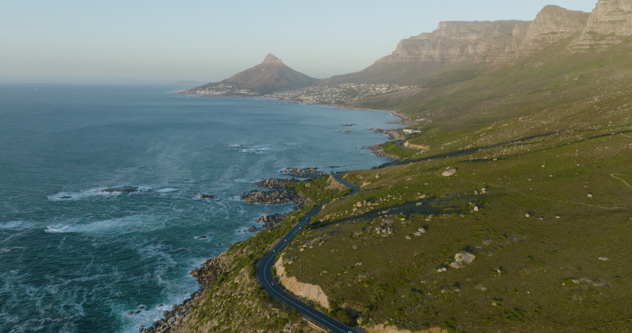Aerial view from the scenic Chapman's Peak Drive with the 12 Apostles mountain range,Cape Town, South Africa Royalty-Free Stock Footage #1088184245