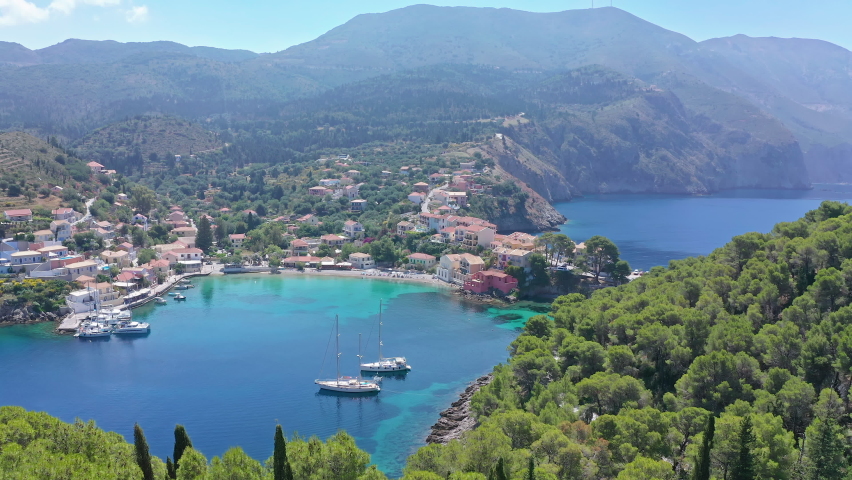 Vacation and tourism in Greece. Assos town, Kefalonia, ionian sea greek coast | Shutterstock HD Video #1088185947