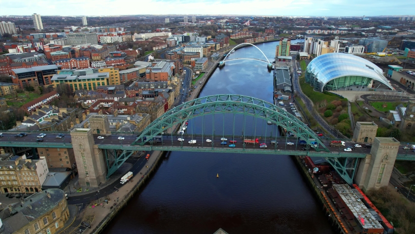 Drone Aerial Of Newcastle Upon Tyne City Centre, Over The River Tyne Royalty-Free Stock Footage #1088186621