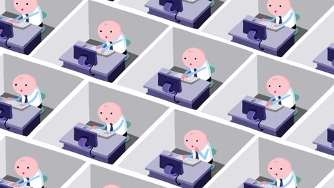 Cartoon office employees working in cubicles – explainer style color. Workers in a big office. They are working all day with no break. Seamles loop of the futuristic society.