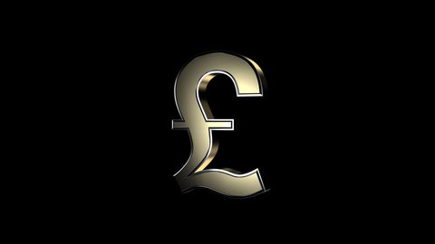 Pound sign £ rendering in gold as 3D animation. 4K transparent video animation logo with alpha channel.