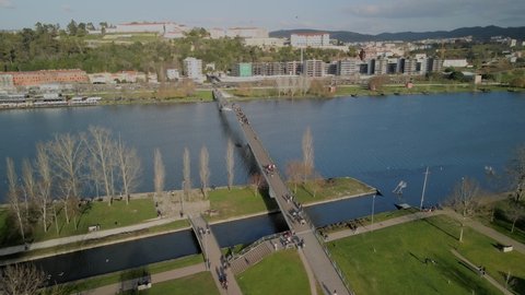 Pedro e Inês bridge in Coimbra. Aerial view from Parco Verde side over Mondego river