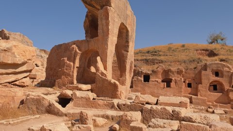 Dara ancient cave city in historic Mesopotamia region near Mardin city, Turkey. Steadicam footage of the Dara ancient city, one of the most important settlements of Mesopotamia. 