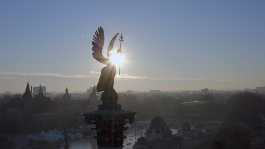 Aerial view from Heroes Square in Budapest at sunrise | Shutterstock HD Video #1088189613