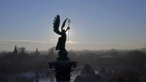 Aerial view from Heroes Square in Budapest at sunrise