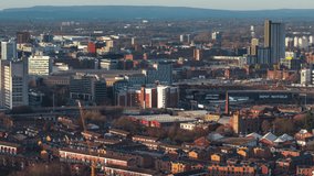 Establishing Aerial View Shot of Manchester UK, England United Kingdom, late day