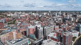 Establishing Aerial View Shot of Leeds UK, City Skyline England United Kingdom day