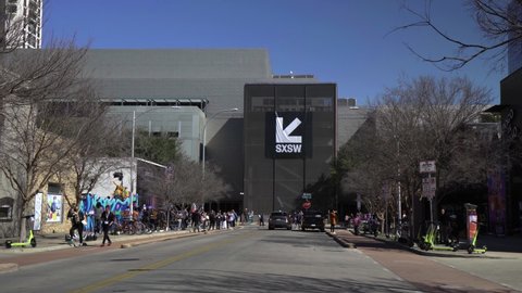 Austin, Texas March 13, 2022: South by southwest logo banner is seen on building