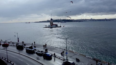 Aerial photography of the Maiden's Tower in Uskudar, Turkey, Istanbul