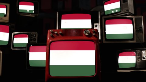 Flag of Hungary and Vintage Televisions. 4K Resolution.