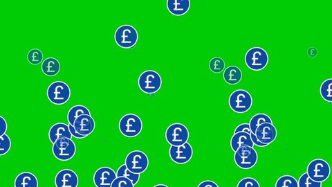4K Animation of cartoon raining pound sterling currency symbol with blue circle on green screen. Footage business concept 
