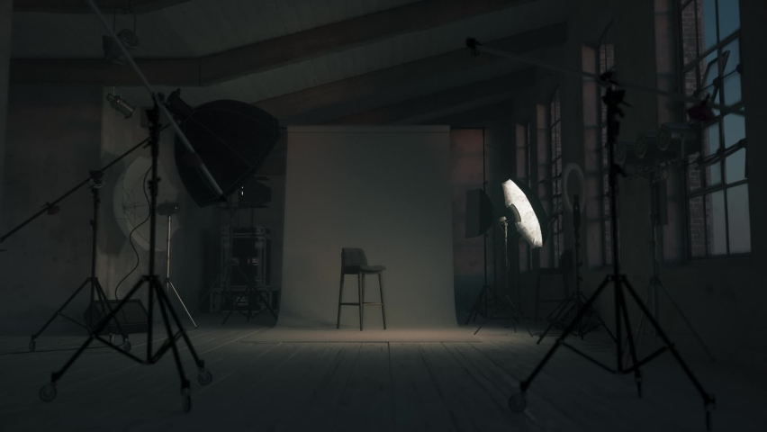 Empty photo studio with professional equipment. Professional photo studio interior. 3d visualization Royalty-Free Stock Footage #1088195029