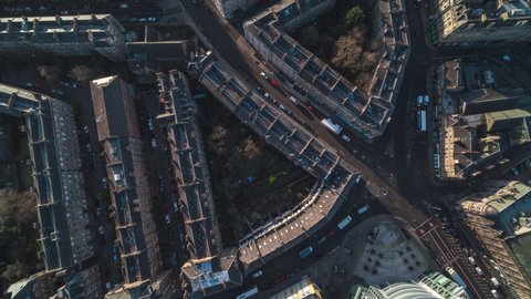 Top Down Overhead, Establishing Aerial View Shot of Edinburgh UK, Scotland United Kingdom, flying across