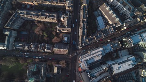 Top Down Overhead, Establishing Aerial View Shot of Edinburgh UK, Scotland United Kingdom, city center