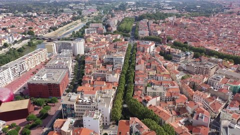 Aerial view of Archipel Theater and the city center of Perpignan in France