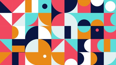 Vivid dynamic geometric loop video with circles, squares shape for app and web. Colorful geo 4K, and full HD motion bauhaus texture stock footage. Geometry composition video background in retro style