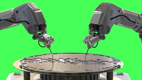 Robotic arms with silicon wafers for semiconductor manufacturing on green screen 4k footage