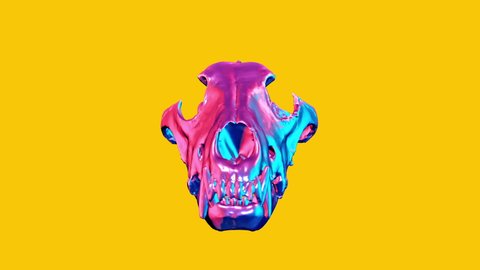 Metal shiny chrome dog or wolf skull isolated on yellow background. Colorful abstract art design. Pop art colorful fashion element. Realistic digital 3d animation animal head.