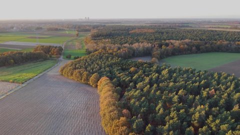 Aerial view of cropland and forest in the countryside, Montfort, Limburg, Netherlands.