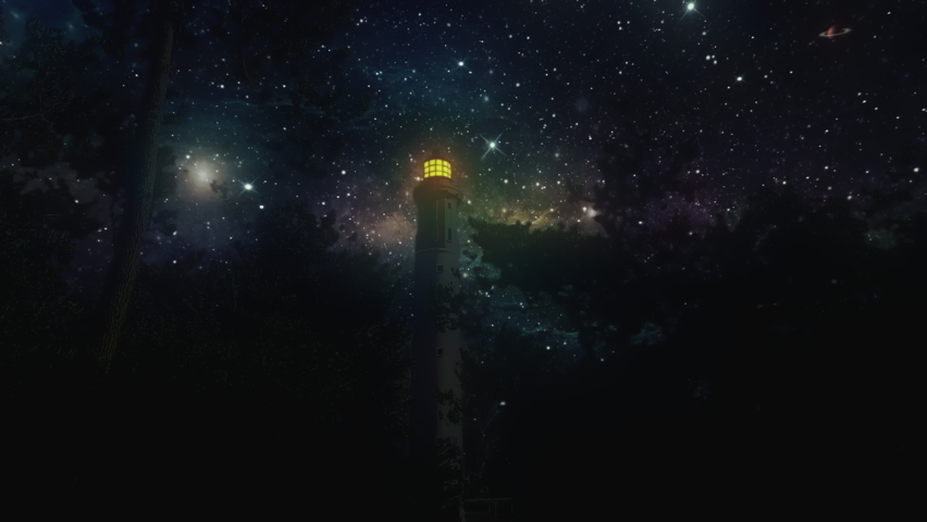 Lighthouse Working at Night Under Starry Space. Mysterious scene of a lighthouse lighten at night under a starry space