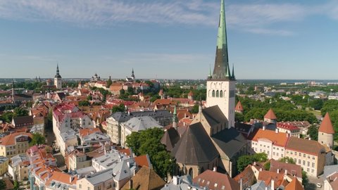 Slow flying over summer scenery of old town in Tallinn Estonia 
