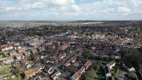 Royston town Hertfordshire, UK Aerial drone pull back reveal 4k footage